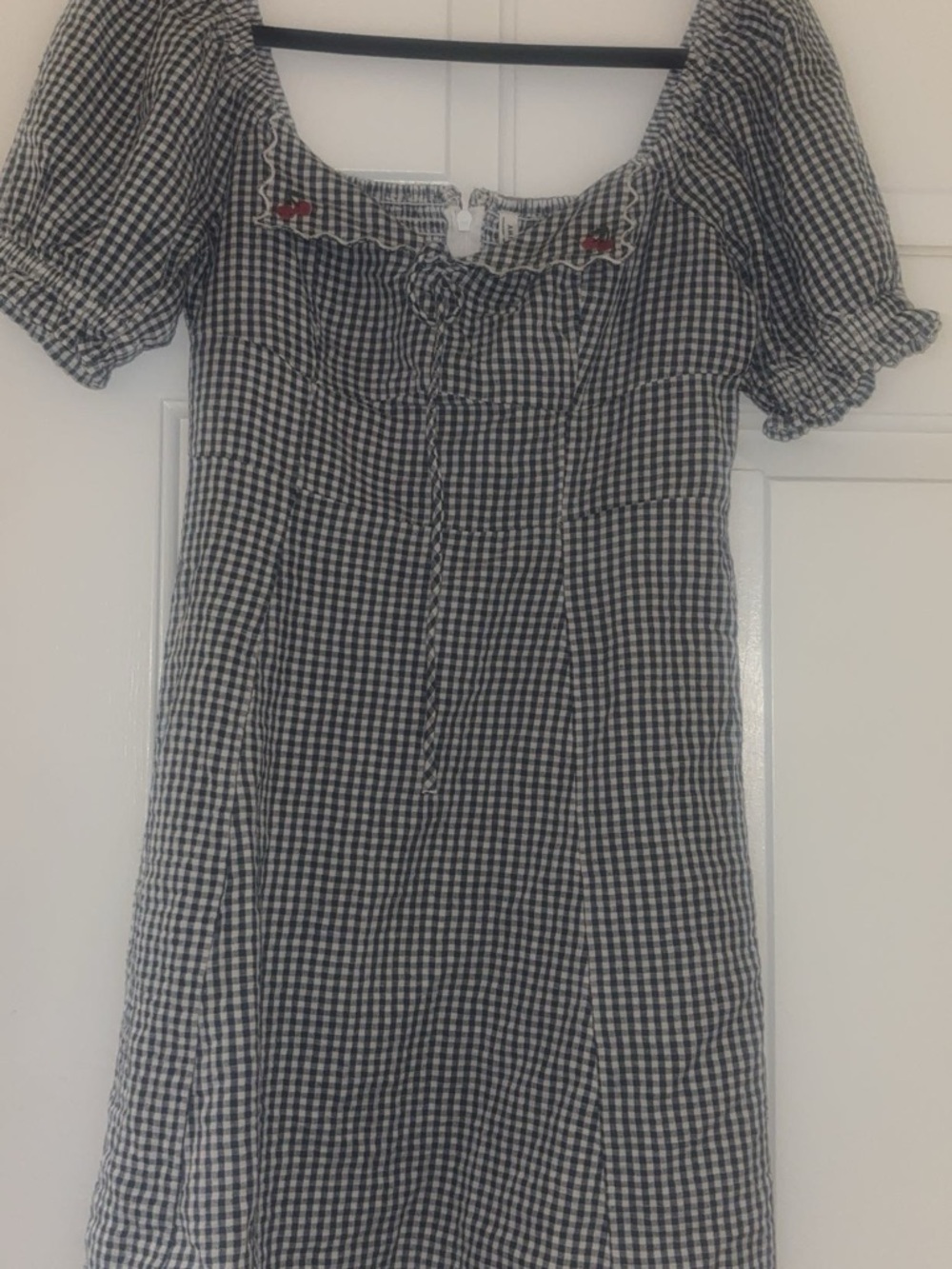 American Eagle Outfitters cherry checker Black & White Gingham Puff Sleeve Dress